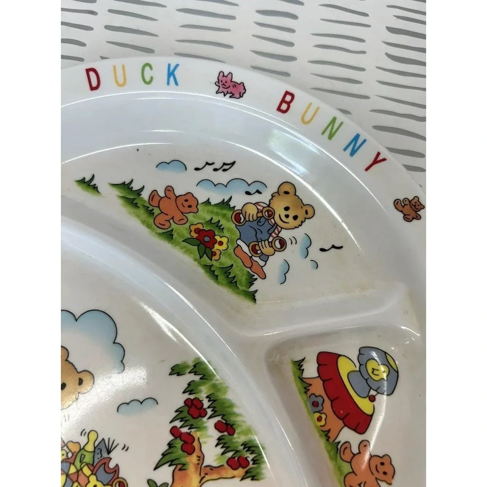 Vintage Melamine Ware Divided Kids Plate Bear Bunny Duck Nursery White Retro‎